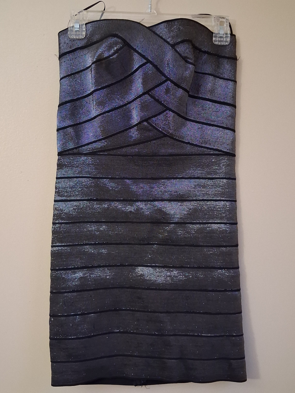 Allen Schwartz Prive Metallic Silver Bandage Strapless Mini Dress Silver Black S